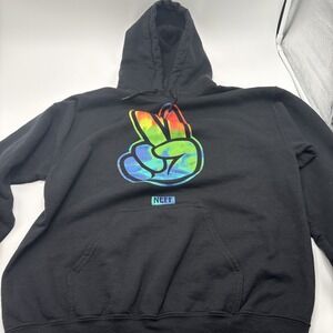 Neff Peace Sign Fingers Black Hoodie Size Medium Pullover Multicolor Graphic Pri